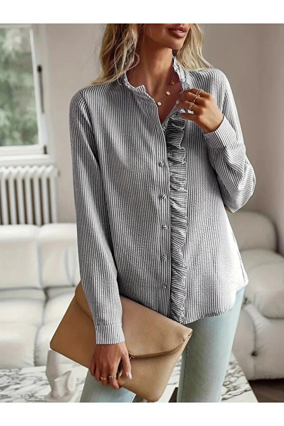 Kadın Uzun Kollu Fırfır Yakalı önden Düğmeli çizgili Burgu Gömlek