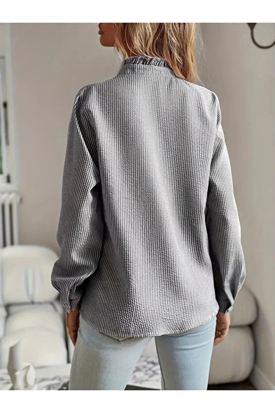Kadın Uzun Kollu Fırfır Yakalı önden Düğmeli çizgili Burgu Gömlek