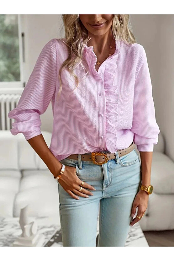 Kadın Uzun Kollu Fırfır Yakalı önden Düğmeli çizgili Burgu Gömlek