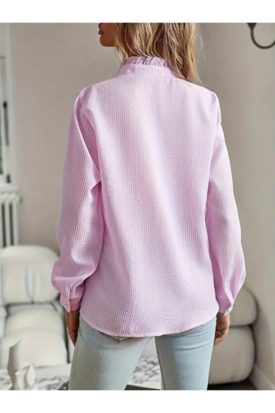 Kadın Uzun Kollu Fırfır Yakalı önden Düğmeli çizgili Burgu Gömlek