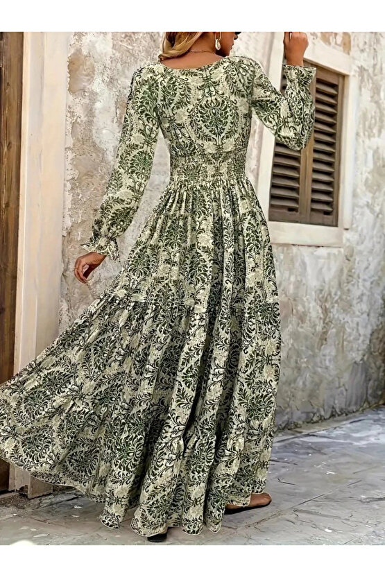 Kadın Uzun Kollu V Yakalı Desenli Süprem Elbise