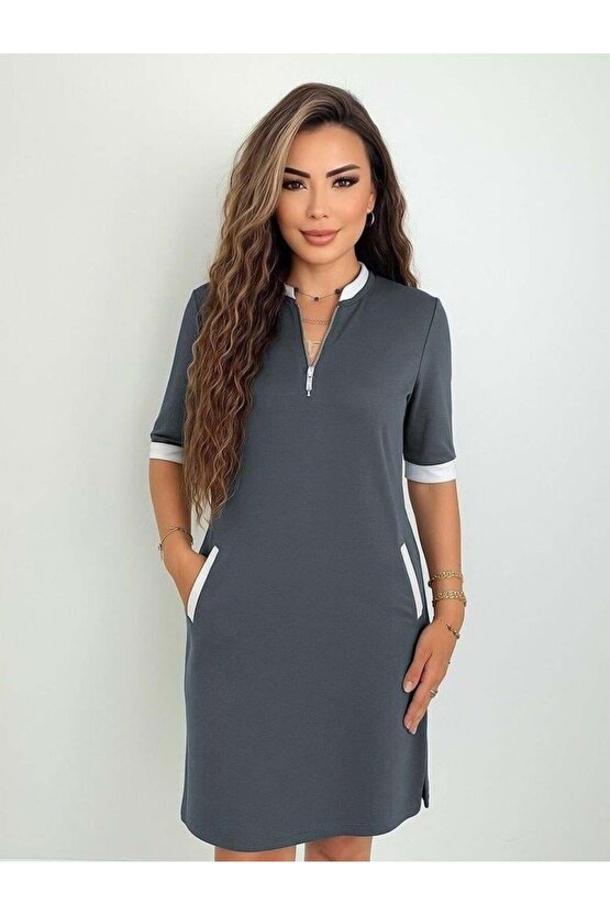 Kadın Kısa Kollu Yakadan Fermuarlı Cepli Yandan Yırtmaçlı Viskon Elbise