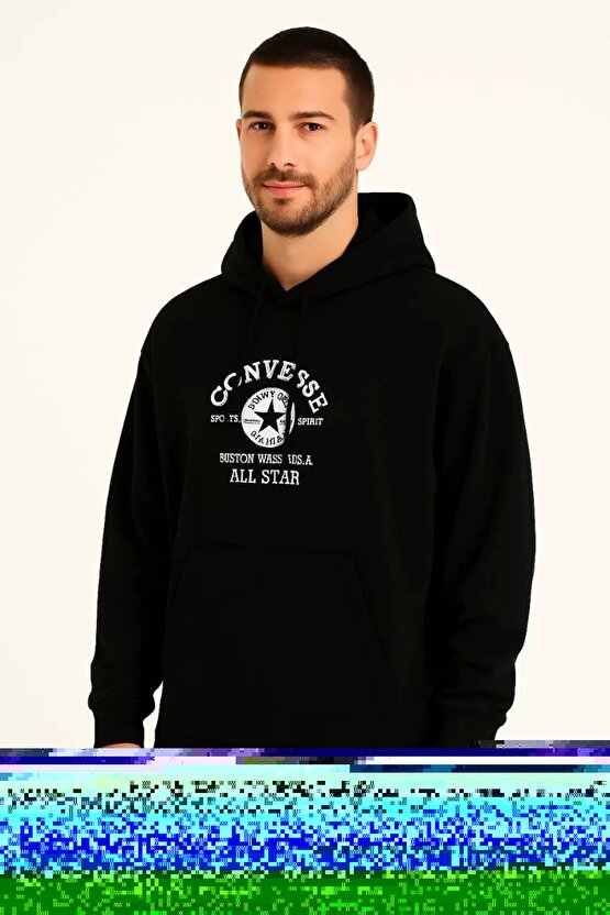 Üç İplik Kapşonlu ön Ve Arka Baskılı SweatShirt Hoodie- Siyah