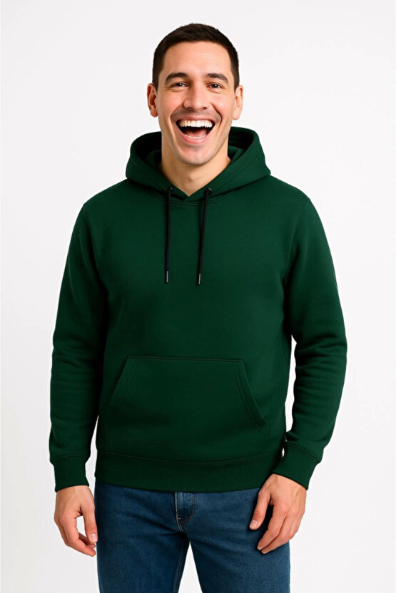 EQURİ Erkek Üç İplik Kapüşonlu Kanguru Cepli SweatShirt Hoodie - Haki
