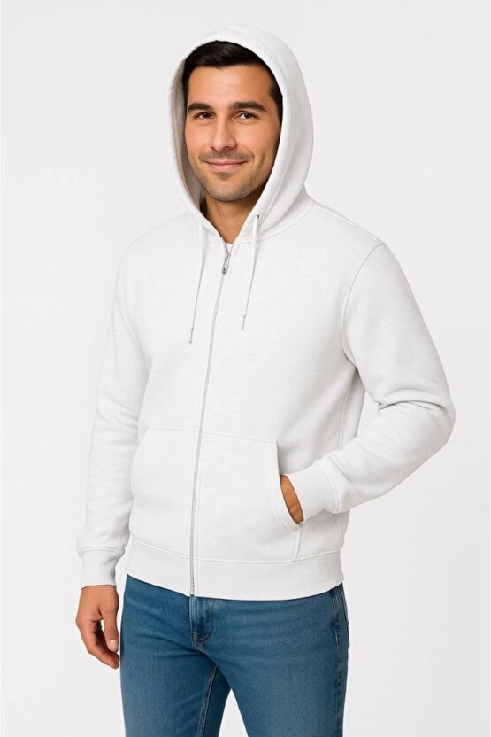 Erkek Üç İplik Kapüşonlu Tam Fermuarlı Kanguru Çepli SweatShirt Hoodie - Beyaz