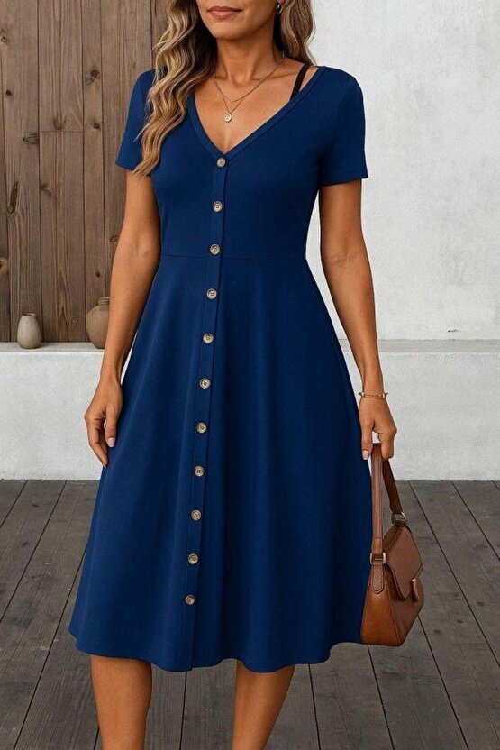Kadın Kısa Kollu V Yakalı önden Düğmeli A Kesim Dokuma Elbise