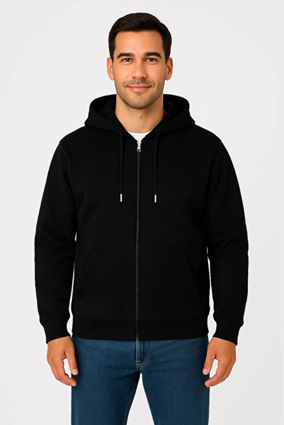 Erkek Üç İplik Kapüşonlu Tam Fermuarlı Kanguru Çepli SweatShirt Hoodie - Siyah