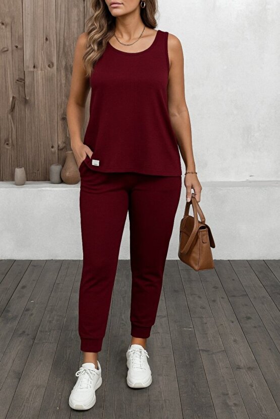Kadın Askılı Yuvarlak Yaka Viskon Iki Iplik Bluz Ve Eşofman Altı Ikili Takım