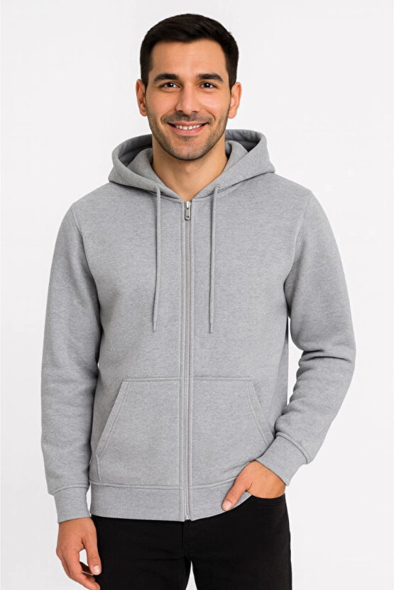eyesof Erkek Üç İplik Kapüşonlu Tam Fermuarlı Kanguru Çepli SweatShirt Hoodie - Gri