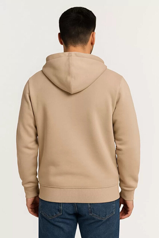 Erkek Üç İplik Kapüşonlu Tam Fermuarlı Kanguru Çepli SweatShirt Hoodie - Bej