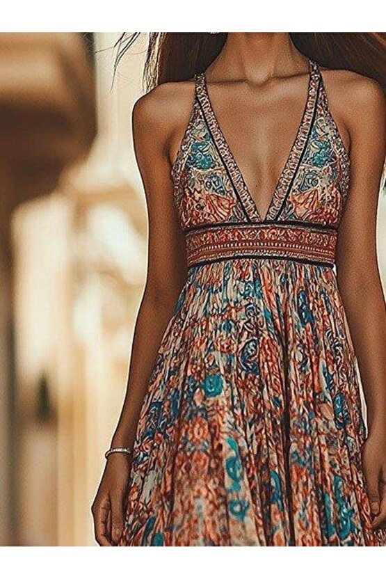 Kadın Askılı Derin Göğüs Detaylı Asimetrik Detaylı Süprem Elbise