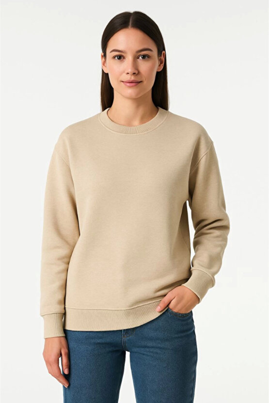 EQURİ Üç İplik Düz Bisiklet Yaka SweatShirt - Bej