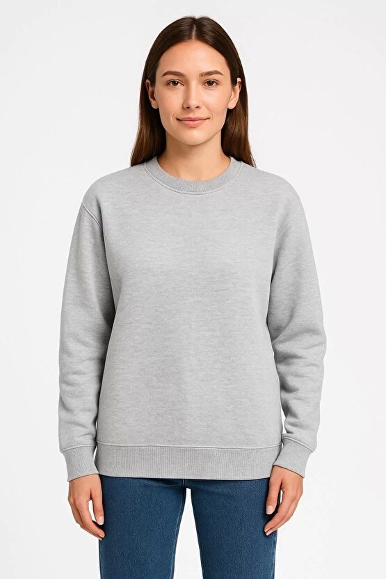 Üç İplik Düz Bisiklet Yaka SweatShirt - Gri