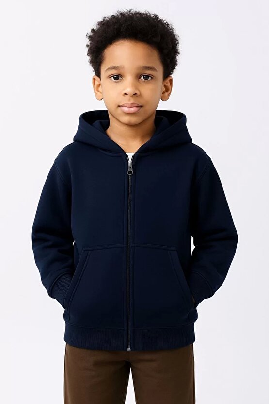 Erkek Çocuk Kapüşonlu Kanguru Çepli Tam Fermuarlı Hırka SweatShirt - Lacivert