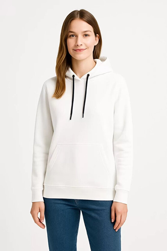 Üç İplik Kapüşonlu Kanguru Çepli SweatShirt Hoodie - Beyaz