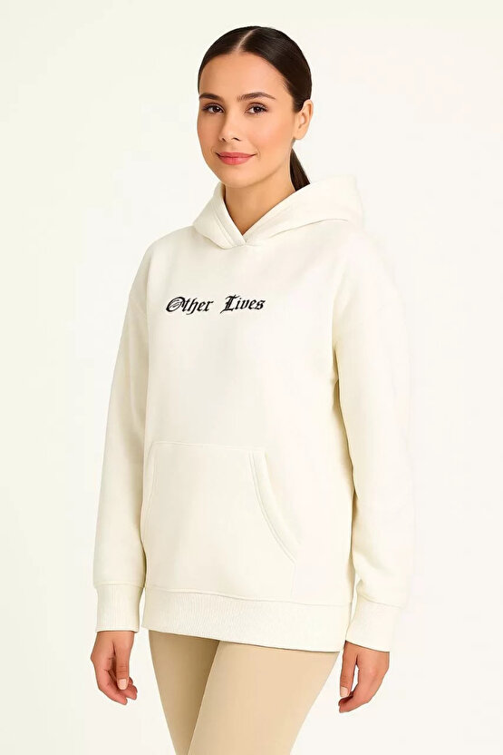 Kadın Üç İplik Kapşonlu ön ve Arka Baskılı SweatShirt hoodie- Beyaz