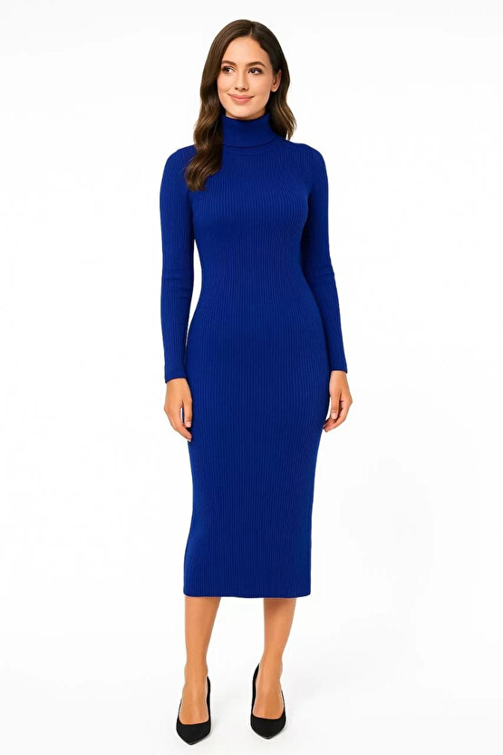 Kadın Boğazlı Triko Elbise – Uzun Fitilli Esnek Dokuma, Tam Kalıp, Kışlık & Baharlık Şık Rahat Stil,