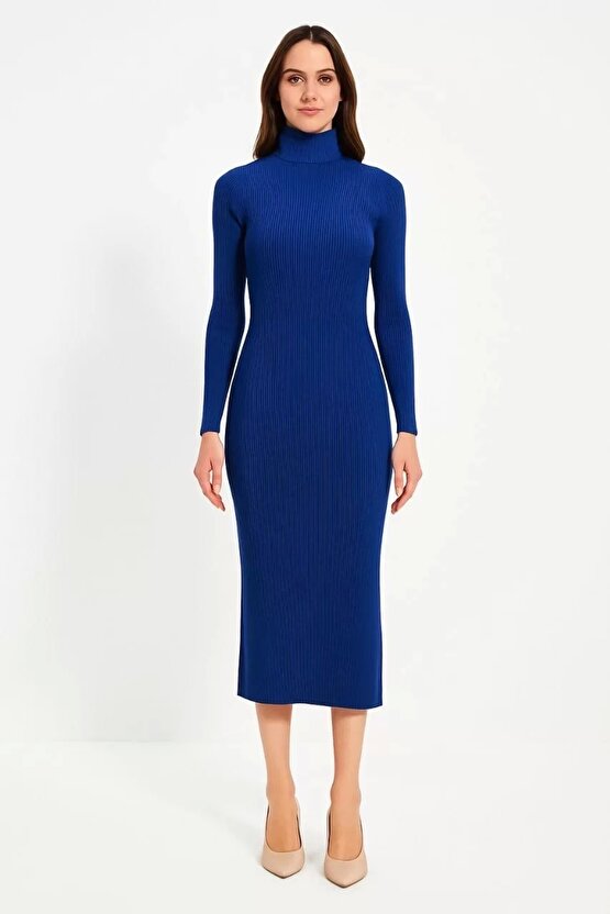 Kadın Boğazlı Triko Elbise – Uzun Fitilli Esnek Dokuma, Tam Kalıp, Kışlık & Baharlık Şık Rahat Stil,