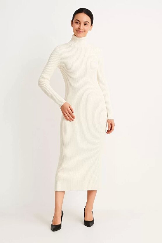 Kadın Boğazlı Triko Elbise – Uzun Fitilli Esnek Dokuma, Tam Kalıp, Kışlık & Baharlık Şık Rahat Stil,