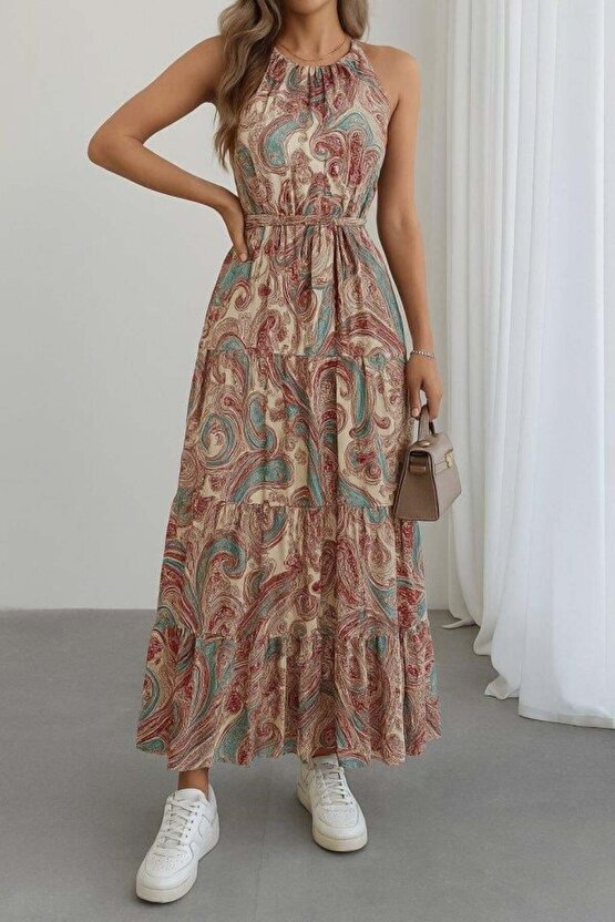 Kadın Halter Yakalı Omuzlardan Açık Kuşaklı Maksi Boy Desenli Süprem Elbise