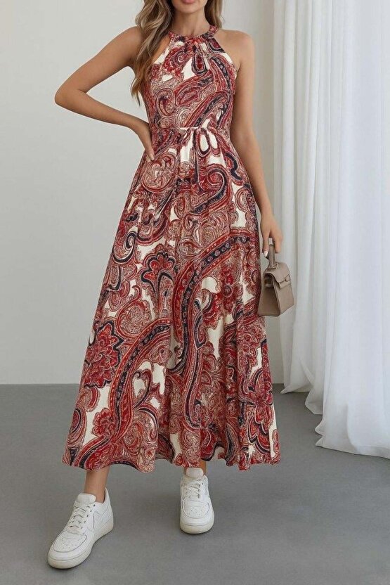 Kadın Halter Yakalı Omuzlardan Açık Kuşaklı Maksi Boy Desenli Süprem Elbise