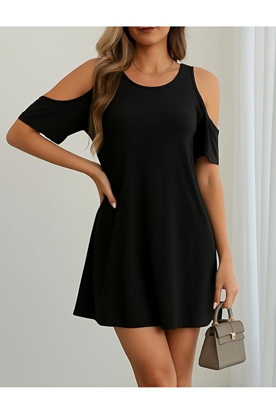 EQURİ Kadın Kısa Kollu Omuz Pencere Detay Kiloş Viskon Elbise