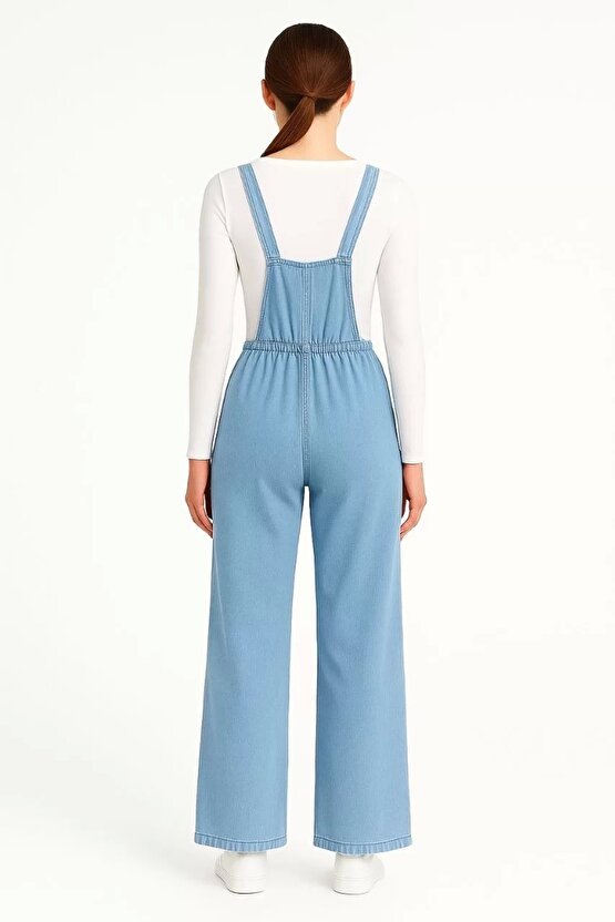 Kadın Chambray Açık Mavi Denim Görünümlü Geniş Paça Salopet Tulum - Mavi