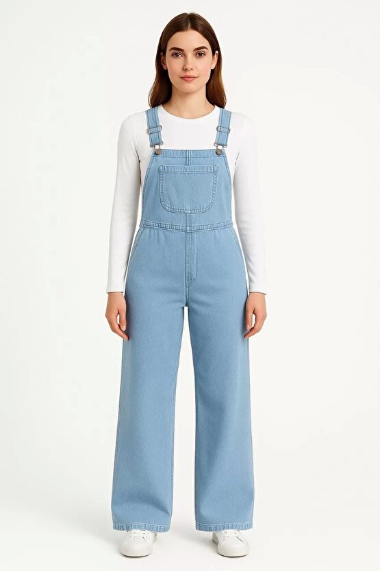 Kadın Chambray Açık Mavi Denim Görünümlü Geniş Paça Salopet Tulum - Mavi