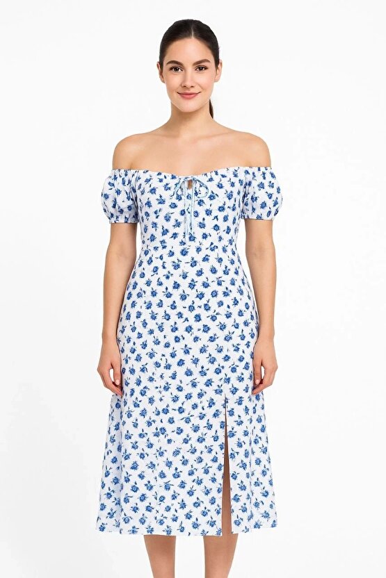 Velmora Bardot Omuzu Acık Çiçek Desenli Elbise - Desenli -VLMR