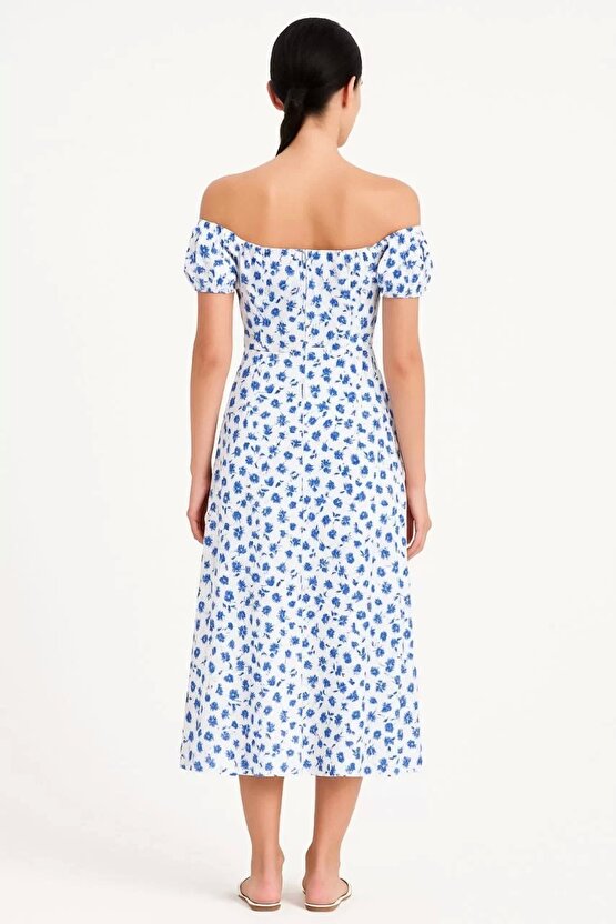 Velmora Bardot Omuzu Acık Çiçek Desenli Elbise - Desenli -VLMR