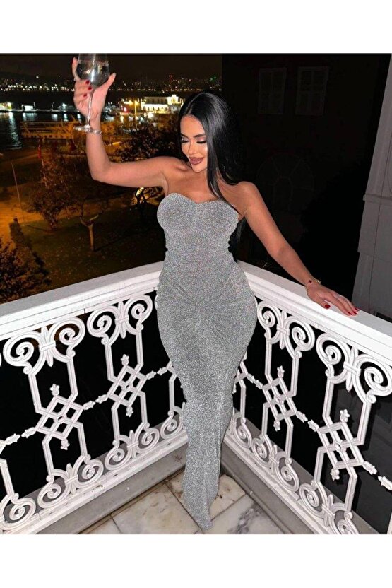 Straplez Simli Uzun Elbise