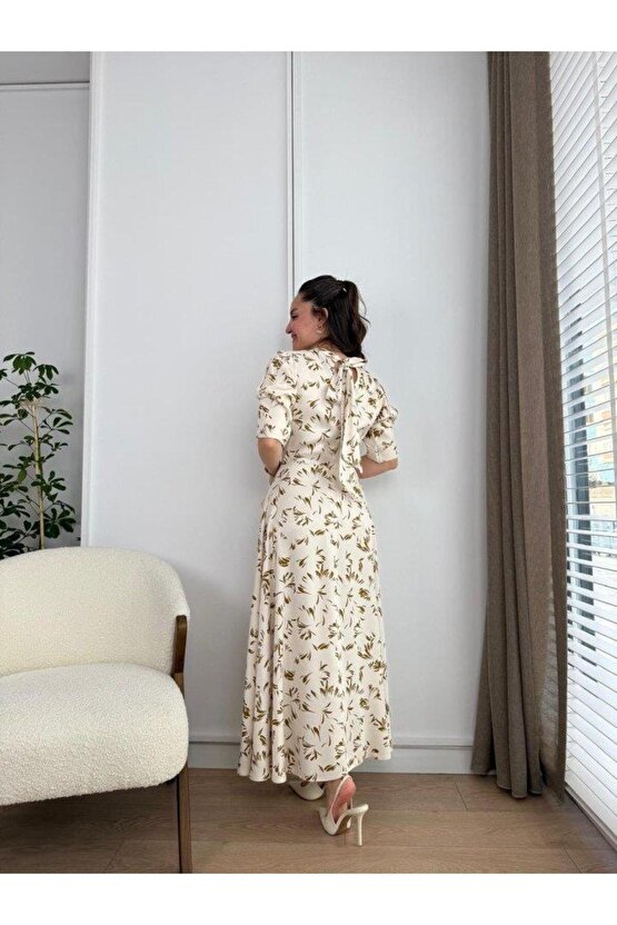 Ekru Yakası Bağlama Detaylı Elbise