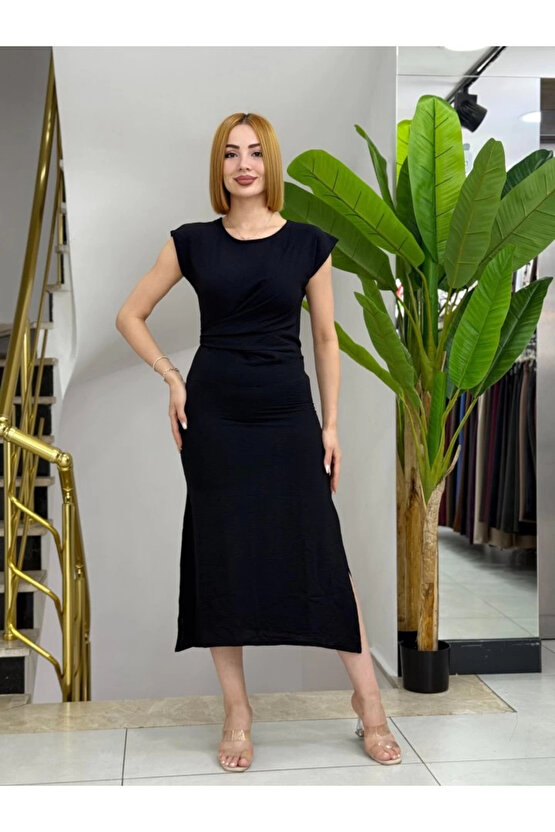 Kadın Kısa Kollu Yuvarlak Yaka Belden Bağcıklı önden Yırtmaçlı Aerobin Elbise