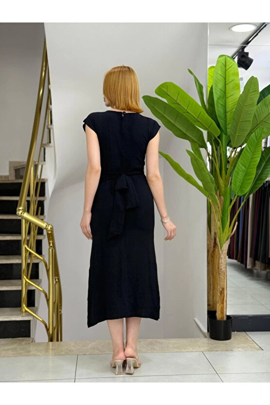 Kadın Kısa Kollu Yuvarlak Yaka Belden Bağcıklı önden Yırtmaçlı Aerobin Elbise