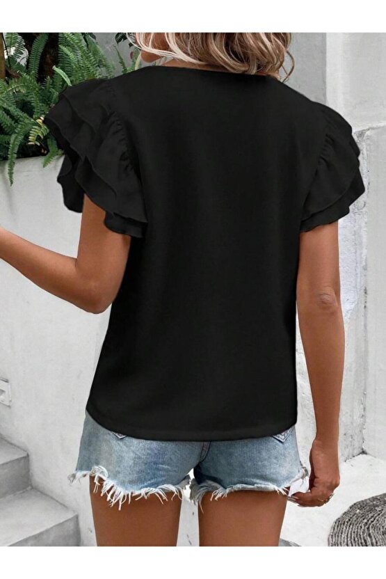 Bisiklet Yaka Kolları Volanlı İthal Krep Bluz