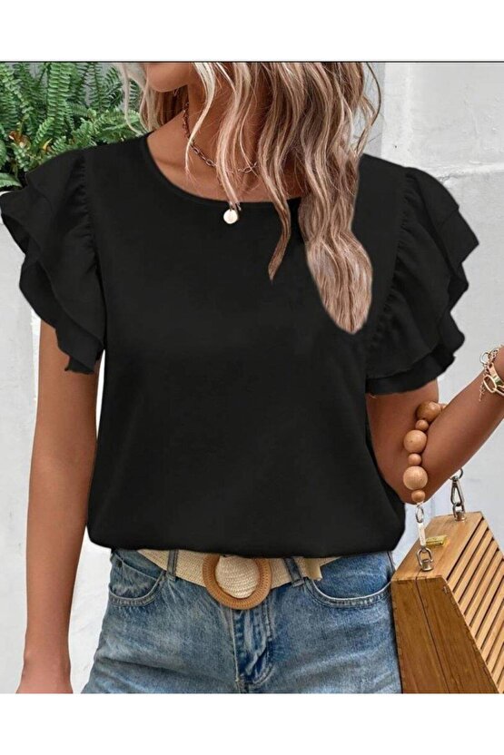 Bisiklet Yaka Kolları Volanlı İthal Krep Bluz