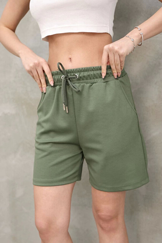 Yumuşak dokulu Kumaş Kadın Kısa Şort - Haki -VLMR