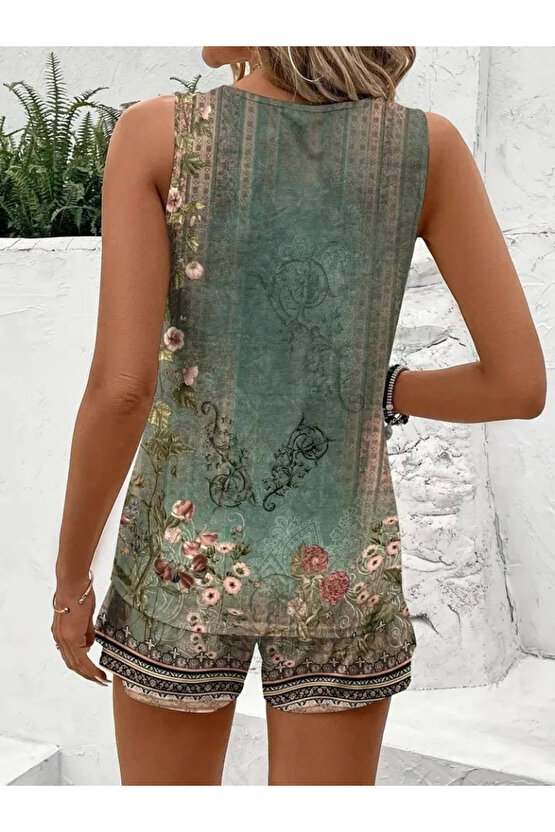 Kadın Askılı Yuvarlak Yaka çiçek Baskılı Süprme Bluz Ve Short Ikili Takım