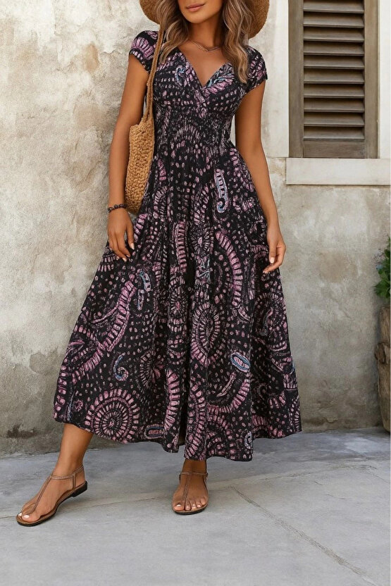 Kadın Kısa Yarasa Kanat Kollu V Yakalı Beli Büzgülü Süprem Elbise