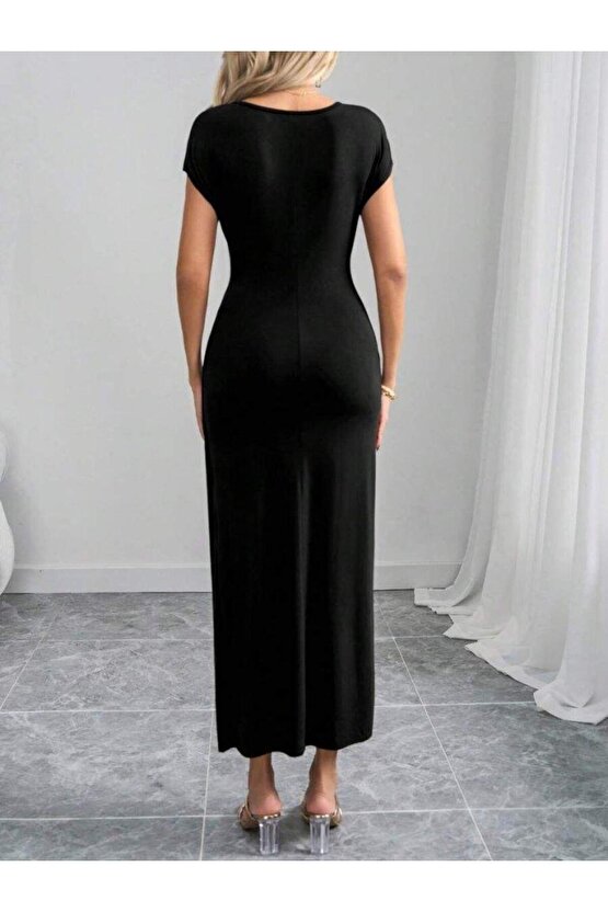 Kadın Yarım Ay Kollu Yuvarlak Yaka önünde Toka Detaylı Modal Maxi Elbise