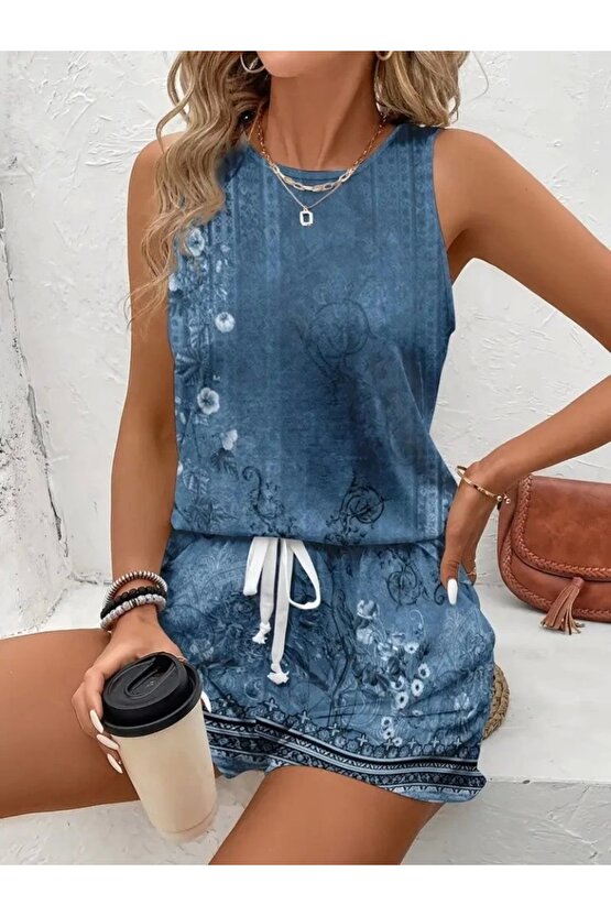 Kadın Askılı Yuvarlak Yaka çiçek Baskılı Süprme Bluz Ve Short Ikili Takım