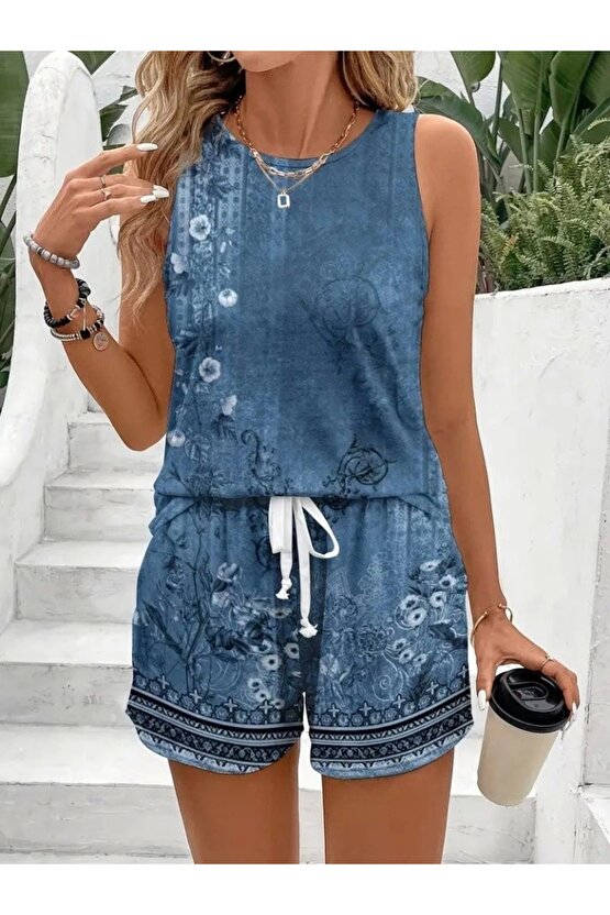 Kadın Askılı Yuvarlak Yaka çiçek Baskılı Süprme Bluz Ve Short Ikili Takım