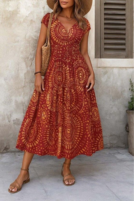 Kadın Kısa Yarasa Kanat Kollu V Yakalı Beli Büzgülü Süprem Elbise