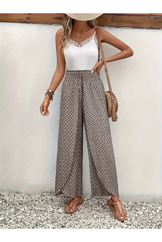 eyesof Kadın Yüksek Bel Lastikli önden Iki Parçalı Desenli Bürümcük Pantolon