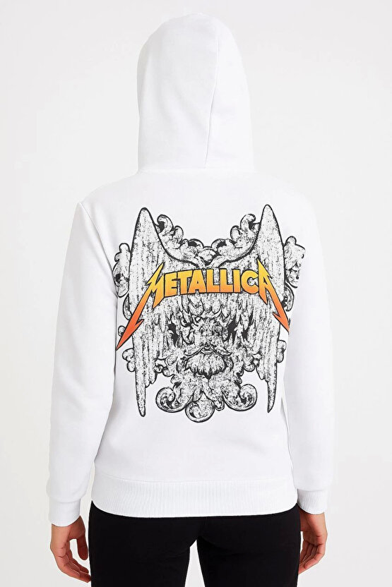 Metallica İki İplik Kapüşonlu Ön ve Arka Baskılı hoodie - Beyaz -VLMR