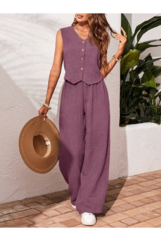 Kadın Sıfır Kollu Düğmeli Yelek Ve Pantolon Bürümcük Ikili Takım