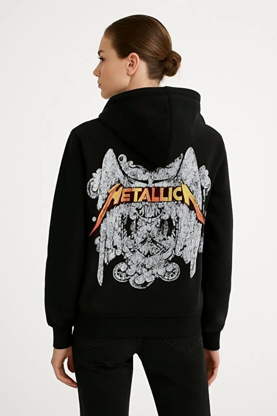 Metallica İki İplik Kapüşonlu Ön ve Arka Baskılı hoodie - Siyah