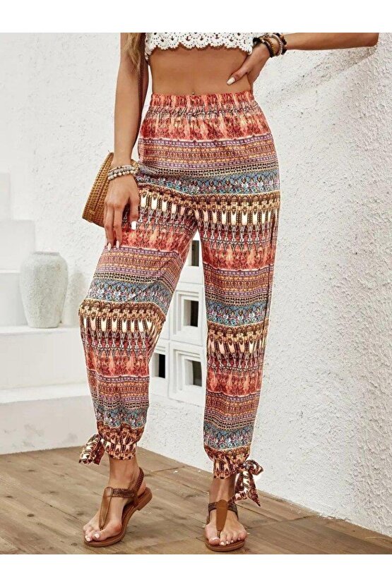 Kadın Yüksek Belli Yanlardan Yırtmaç Detaylı Desenli Bürümcük Pantolon