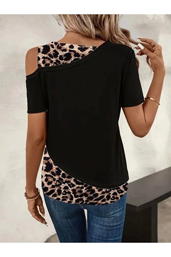 Kadın Kısa Kollu Geometrik Kesin Detaylı çift Renkli Viskon Bluz