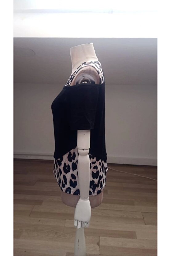 Kadın Kısa Kollu Geometrik Kesin Detaylı çift Renkli Viskon Bluz